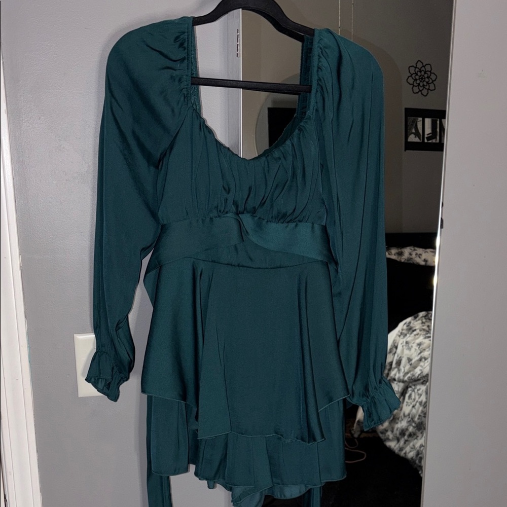 Teal Long Sleeve Tiered Mini Dress